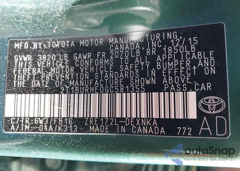 2016 Toyota Corolla L/Le/Le Pls/Prm/S/S Pls z USA, uszkodzony, nr VIN 2T1BURHE0GC581355